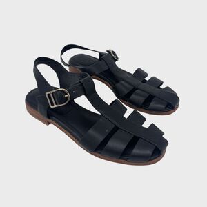 Deltan Abbey Women Sandals Black Leather Fisherman Flats Gladiator Buckle US 8 M